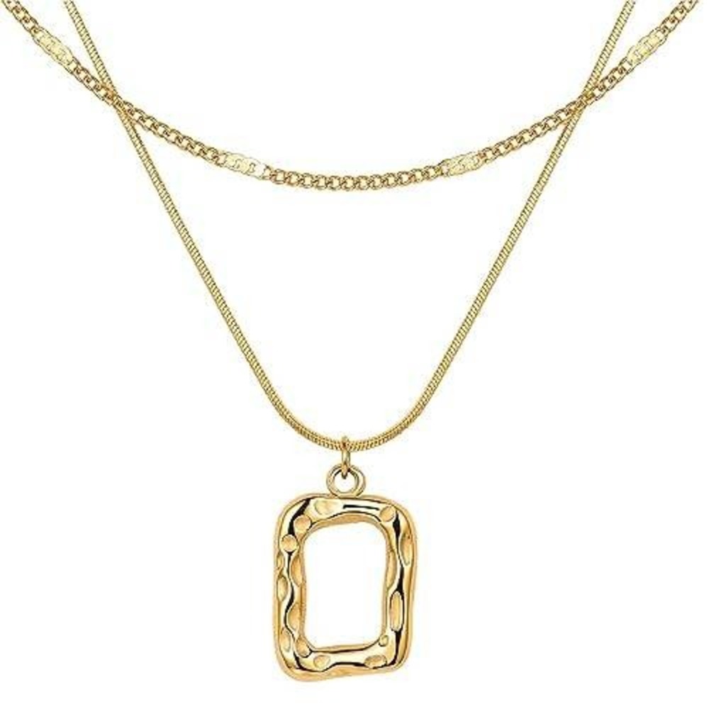 Gold Layered Necklace Set Hammered Open Rectangle Pendant Textured Snake Chain